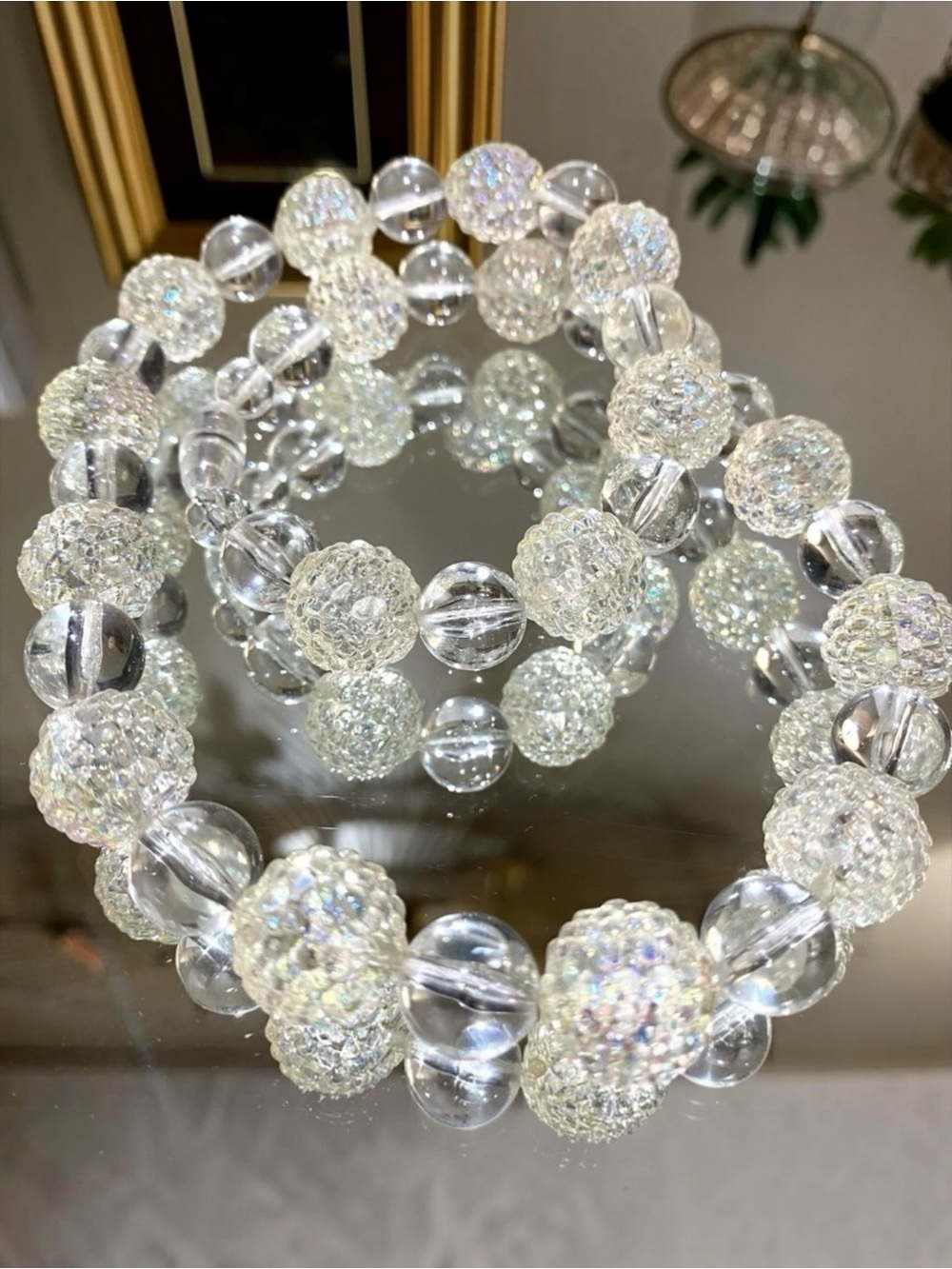 Vintage Lucite Beaded Necklace Clear Translucent Snowball Barrel Clasp 18”